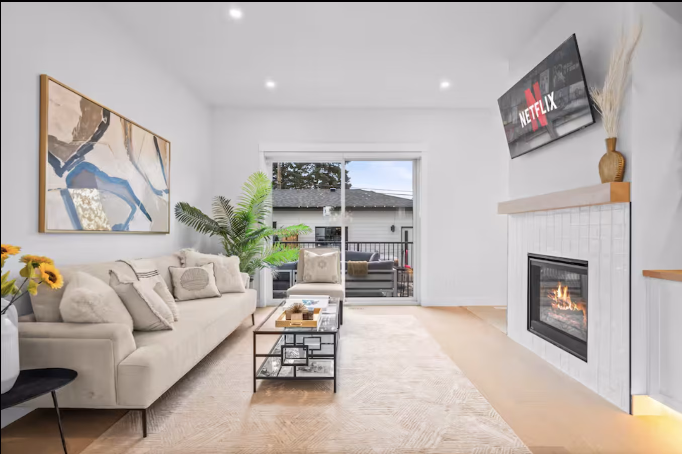 Living room with fireplace in the Tuxedo Park short term rental
