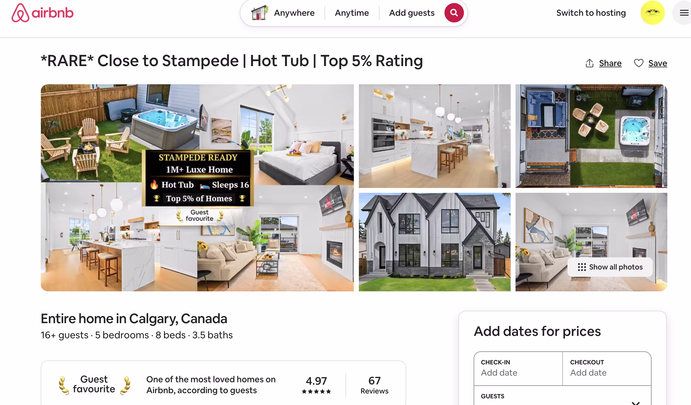 Full house Airbnb listing page, 4.97 stars, 67 reviews, Guest Favourite