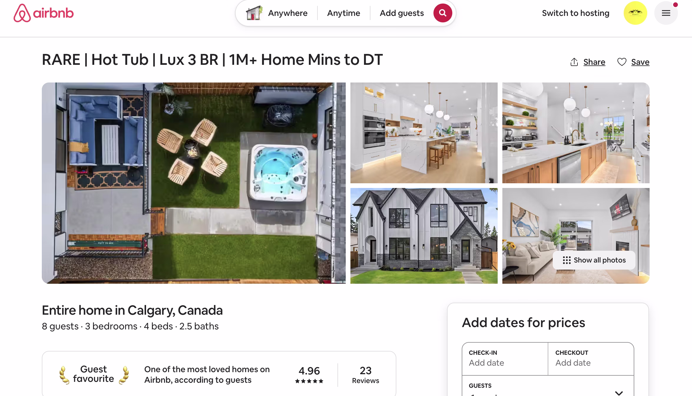Upper 3BR suite Airbnb listing page, 4.96 stars, 23 reviews