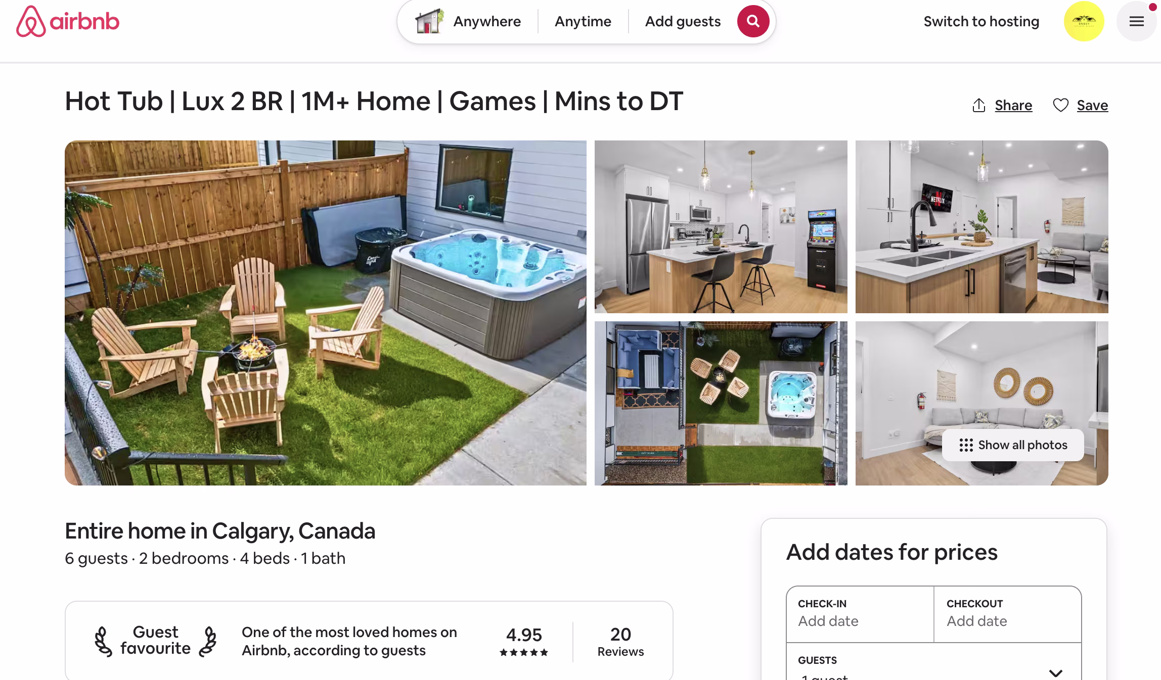 Lower 2BR suite Airbnb listing page, 4.95 stars, 20 reviews