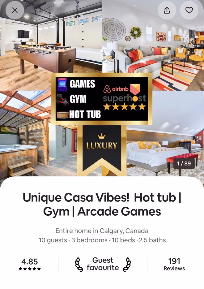 Airbnb listing for Unique Casa Vibes, Hot tub, Gym, Arcade Games in Calgary, rated 4.85 from 191 reviews
