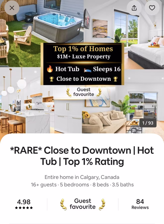 Airbnb listing for *RARE* Close to Downtown, Hot Tub, Top 1% Rating in Calgary, rated 4.98 from 84 reviews