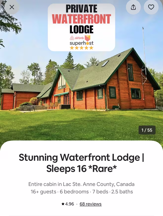 Airbnb listing for Stunning Waterfront Lodge, Sleeps 16, in Lac Ste. Anne County, rated 4.96 from 68 reviews