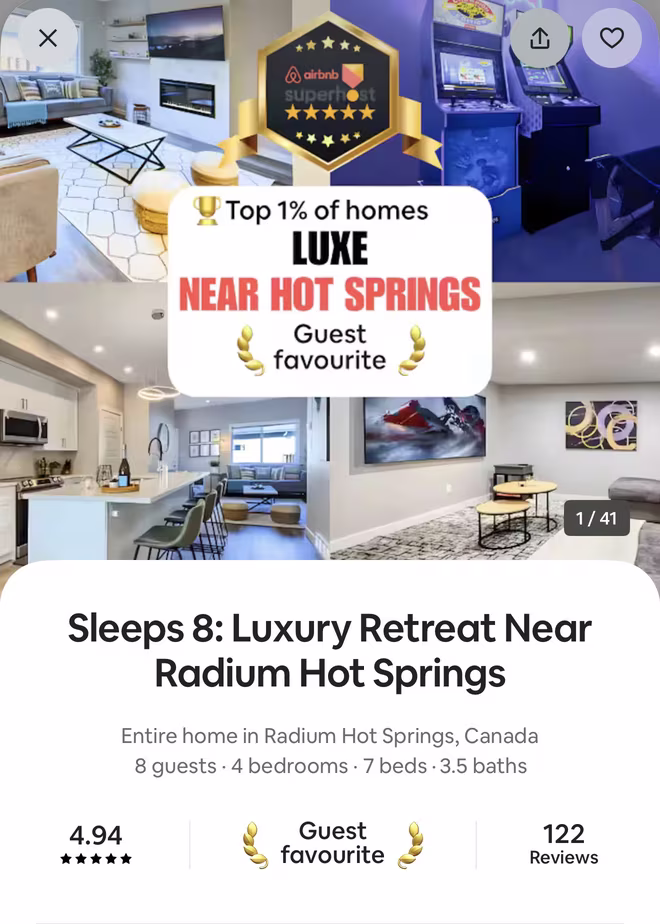 Airbnb listing for Sleeps 8 Luxury Retreat Near Radium Hot Springs, rated 4.94 from 122 reviews