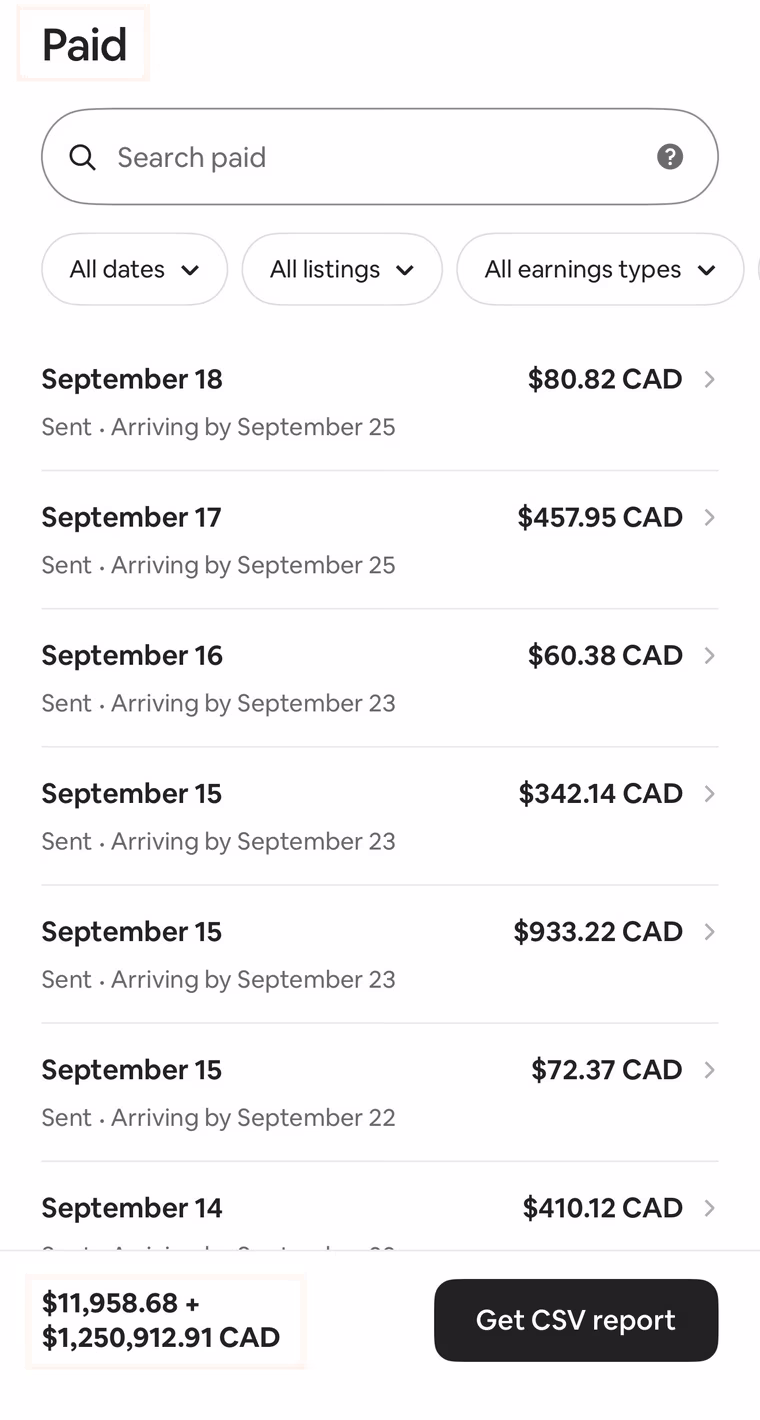 Airbnb payout dashboard for one Ross Stays account, September 2026, totalling $1,250,912.91 CAD paid out