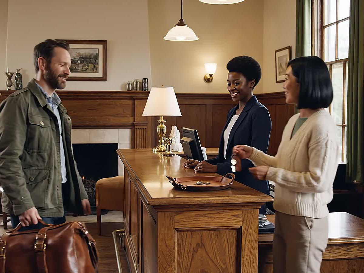 Guests checking in at a boutique hotel front desk