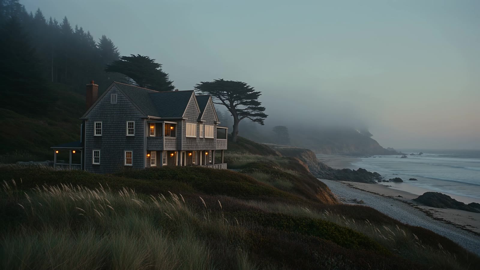 A coastal boutique inn above the shoreline at dusk