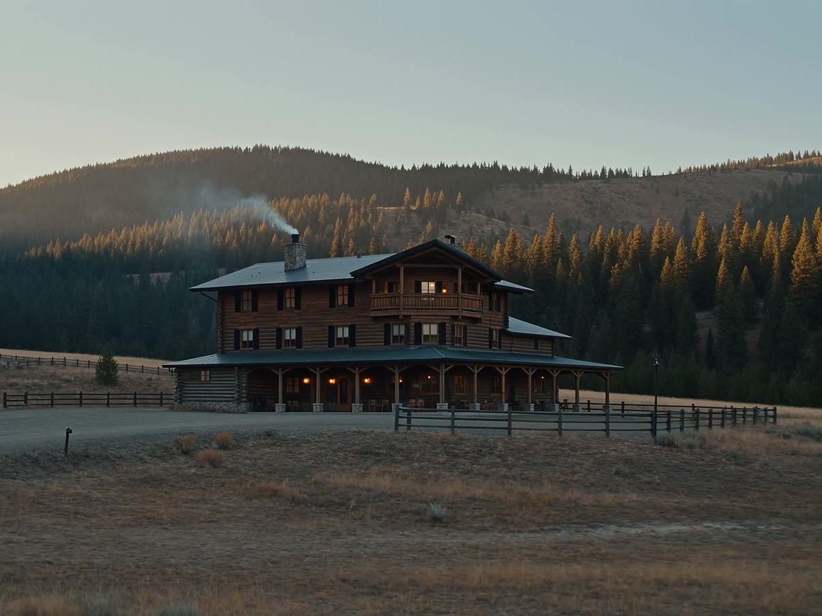 A timber lodge in open foothills